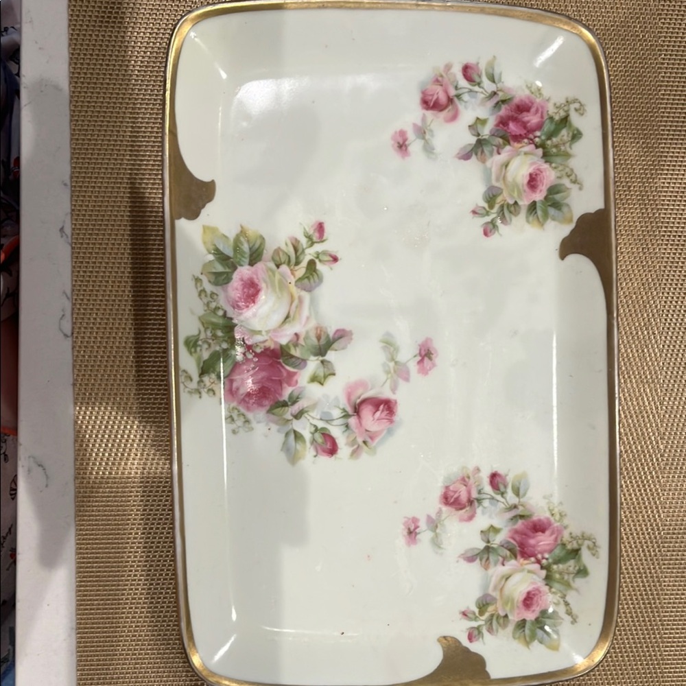 Floral Rectangular Dish with Gold Accents